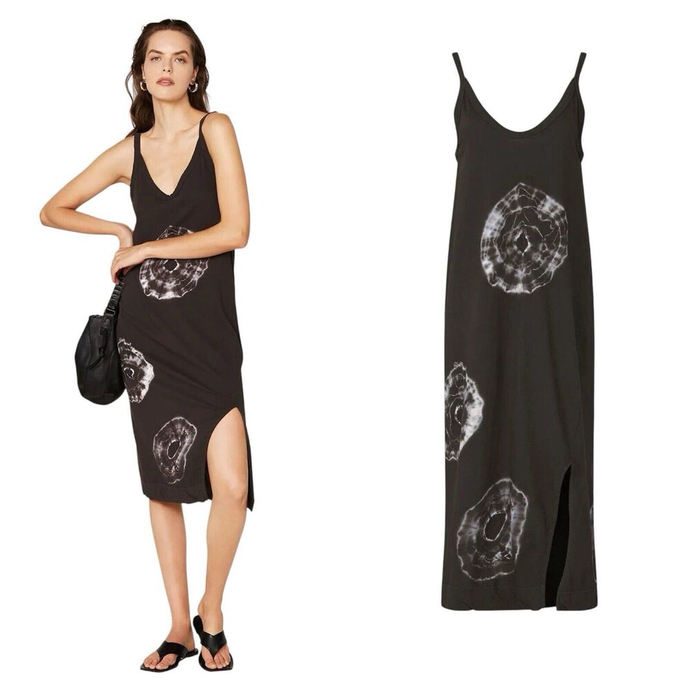 Bassike Karamatas Slip Dress Black Organic Cotton Tie Dye Side Slits Small EUC